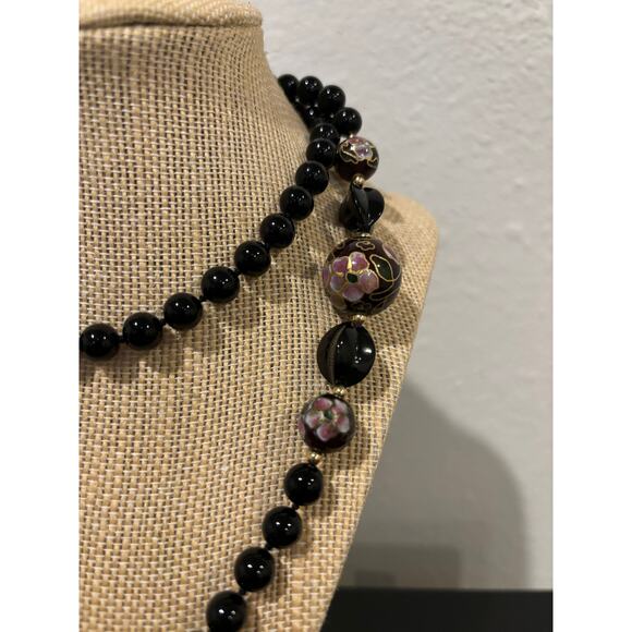 Vintage Black Stone Beads & Cloisonne Necklace - Picture 3 of 5